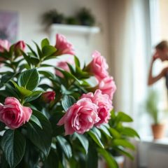 Une plante rose dans une pièce
