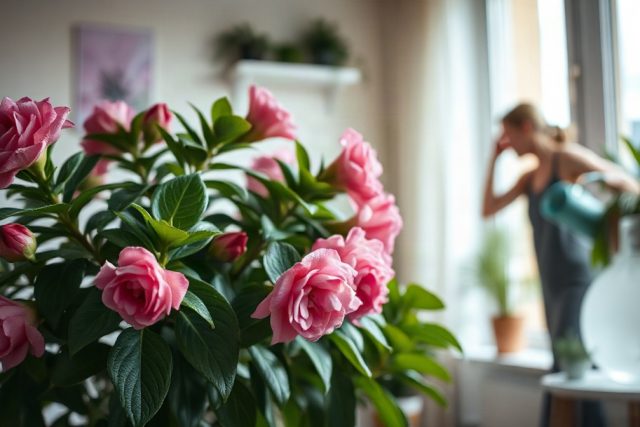 Une plante rose dans une pièce